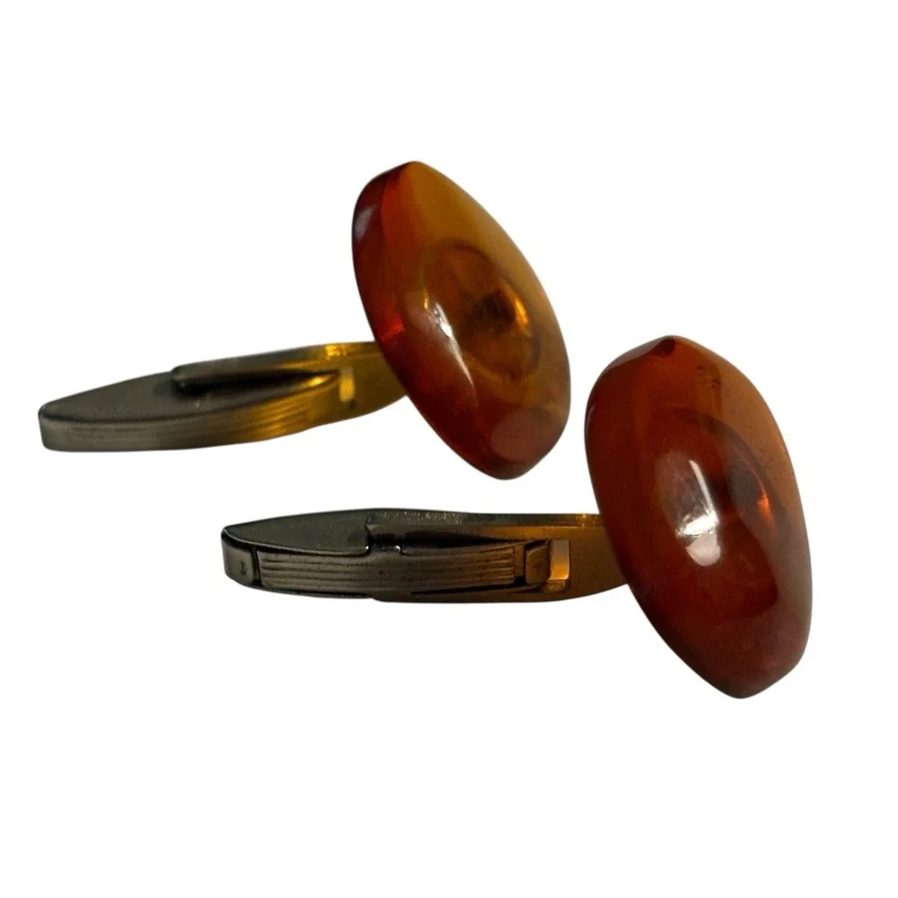 Baltic Amber Cufflinks Signed MET Vintage Unique Nature‎ Oval MCM Translucent